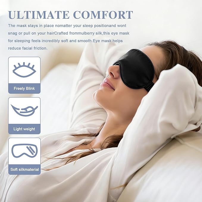 Silk Sleep Mask,Eye Mask for Sleep Women Men,Mulberry Sleeping Mask with Adjustable Strap,Blindfold Blackout Eye Mask for Travel and Full Night's Sleep,Nap