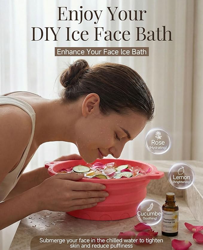 Face Ice Bath Bowl with Built-in Ice Tray, Collapsible Silicone Face Bowl for Ice, Reusable Small Ice Facial Bowl for Puffiness Reduction, Skin Tightening, Acne Relief, Spa Tool for Home, Travel