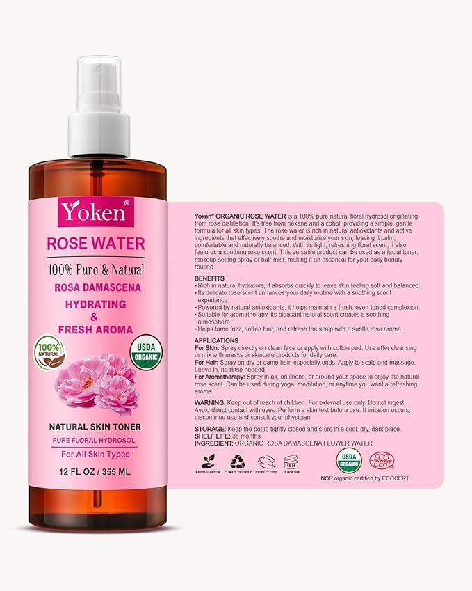 Yoken Organic Rose Water Spray for Face, 12 Fl Oz Fine Mist, Rosewater Face Mist with 100% Pure & Natural Rosa Damascena Rose Hydrosol, USDA Certified Organic, Alcohol Free, Vegan, No Dyes