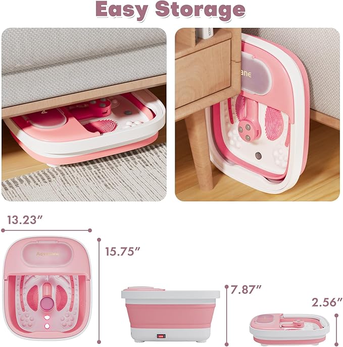 Collapsible Foot Spa Bath Massager with Heat, Remote, Temperature Control, Timer, Foot Soaking Tub with Pedicure Kit & 3 Attachments, Pedicure Foot Spa for After Work Relaxation (Pink)