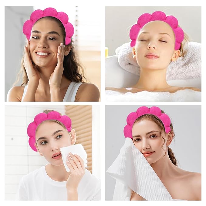Beleki Spa Headband & Wristband Set - Sponge Terry Cloth Bubble Puffy Hairband - Non Slip Headwear - Hot Pink - 3 Pcs