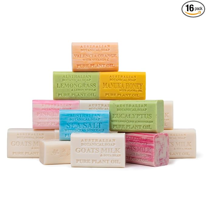 Australian Botanical Soap 16-Bar Set, Goats Milk & Soya Bean 8-Pack + Variety 8-Pack,| 6.6 OZ Triple-Milled Soap Bars with Organic Shea Butter & Sustainable Plant Oils