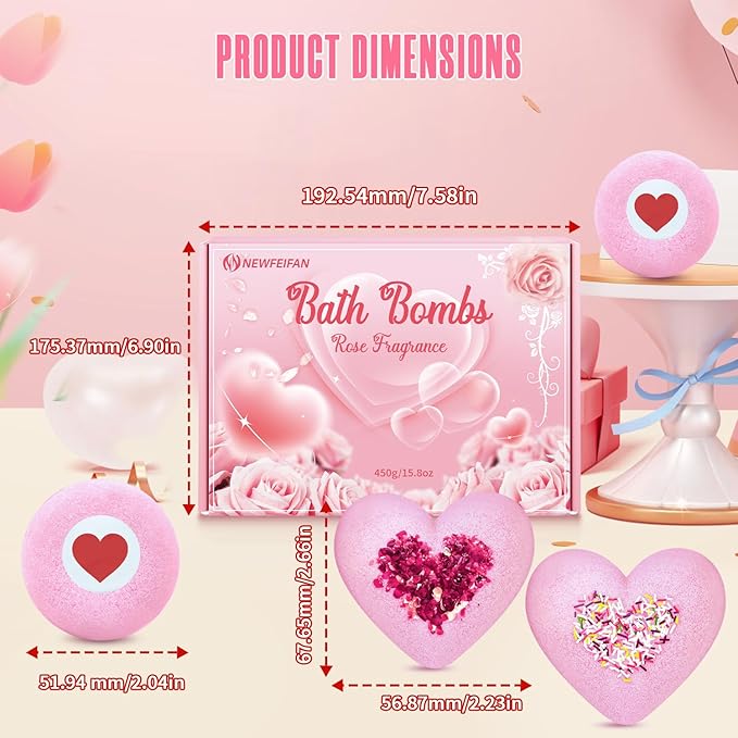 Bath Bombs for Women XXL, Basket Set for Mothers Day Gifts for Mom, 4-Pack Handmade Natural & Organic Rose Essential Oil, Pink Teacher Appreciation Gifts for Wife Daughter Girlfriend Coworkers