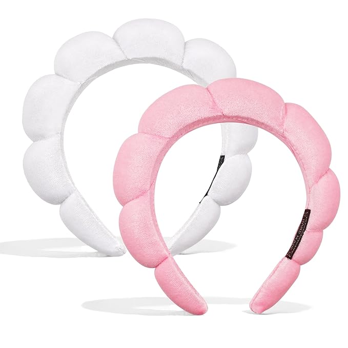 Ayesha Hairband, 2pcs Spa Headband for Women - Bubble Skincare Headband for Washing Face, Sponge Soft Hairband Skincare Makeup Headbands for Women Girls Shower, Pink & White