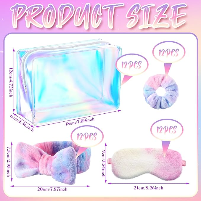 Kajaia 48 Pcs Spa Party Supplies for Girls Spa Party Favor Sleepover Slumber Supplies for Women Headband Eye Mask Hair Scrunchies Toiletry Bag(Colorful,Cute)