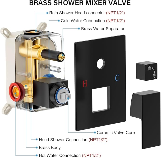 FPXRNG Black Shower Faucet Set, Rainfall Shower System with Square Shower Head and Handle Set, Wall Mounted Shower Fixtures, Full Metal Trim Repair Kit 10 inch Matte Black (With Shower Valve)