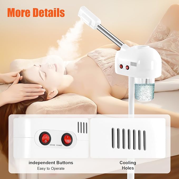 Professional Ozone Facial Steamer on Wheels, Adjustable Height, 360° Rotatable Nozzle, for Home and Salon
