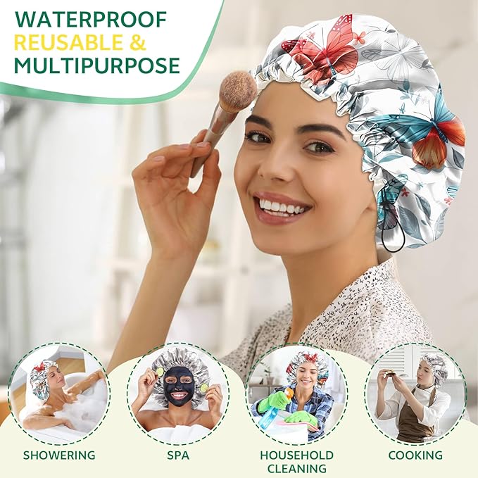 2 PCS Shower Cap Waterproof Double Layer Elastic Adjustable Reusable Hair Bath Caps for Girls Women Cute Aesthetic-White