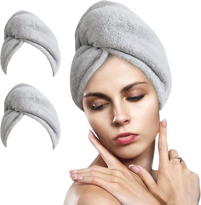 2 Pack Microfiber Hair Towel Wrap for Women Super Absorbent Quick Dry Hair Turban for Drying Curly, Long & Thick Hair 10 inch X 26 inch Lightgrey+Lightgrey