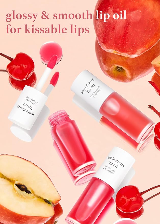 NOONI Korean Lip Oil Set - Appleberry & Applecherry | Long-Lasting, Moisturizing, Plumping, Revitalizing for Dry Lips, Waterproof, No Peel Off, Stocking Stuffers, lip plumper 0.12 FL Oz x 2ea