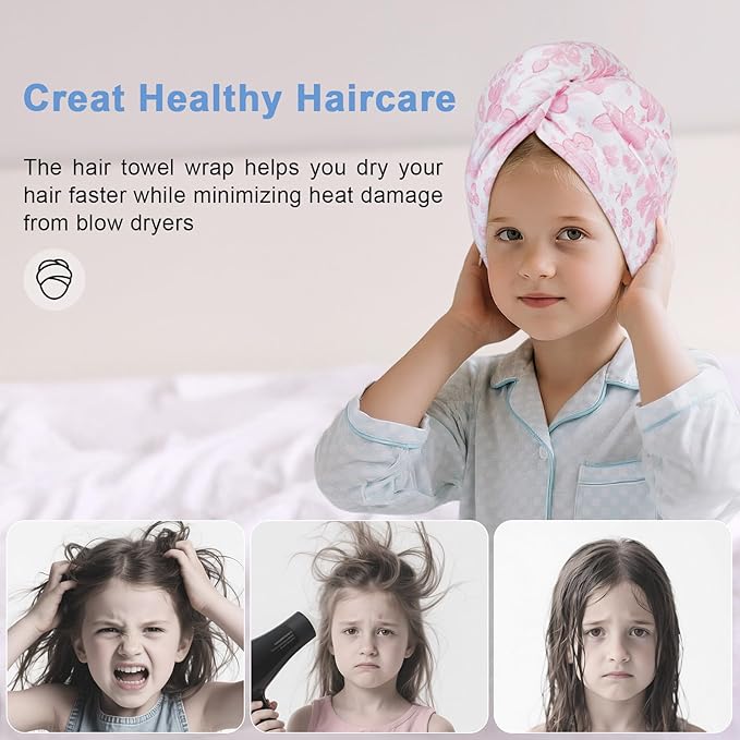 Unicorn Castle Microfiber Hair Towel for Kids 2Pack Hair Wrap Towels Absorbent Hair Drying Towel Wrap Hair Turbans for Curly Thick Hair,Pink Blue Flower
