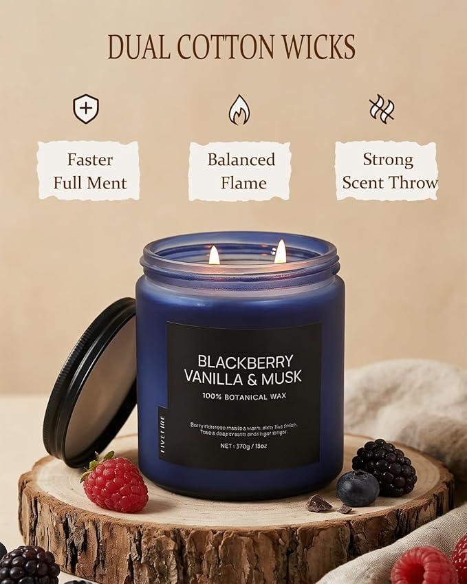 BlackBerry Vanilla Musk Home Scented Candles, 13oz Organic Soy Wax, 76-Hour Clean Burning, Natural Non-Toxic, Fruity & Warm Sensual Scent for Relaxation, Aromatherapy Housewarming Candle Men Women