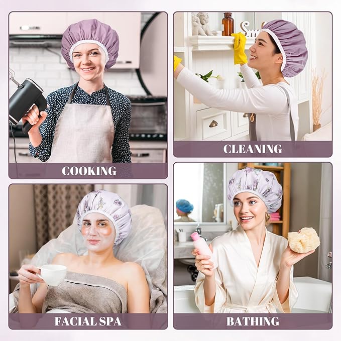 Pengxiaomei Double-Sided Shower Cap for Women, 2 in 1 Reusable Waterproof Bath Cap for Women Girls Long Thick Hair (Flowers)