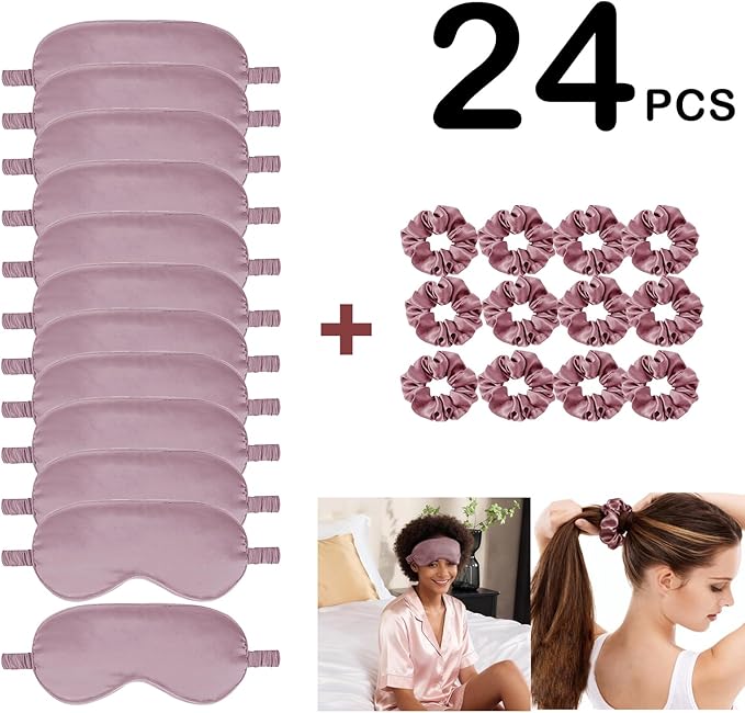 24Pcs Satin Eye Mask Silk Sleep Masks Silky Eyes Cover Blackout Blindfold Eyeshade Scrunchies Hair Ties Travel Wedding Gift