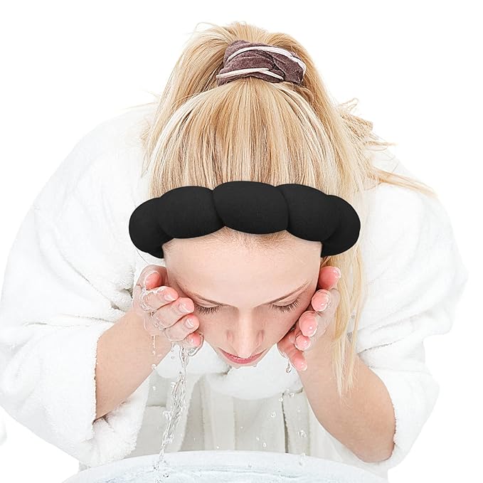 Zkptops Spa Headband for Washing Face Wristband Sponge Makeup Skincare Headband Terry Cloth Bubble Soft Get Ready Hairband for Women Girl Puffy Padded Headwear Non Slip Thick Hair Accessory(Black)