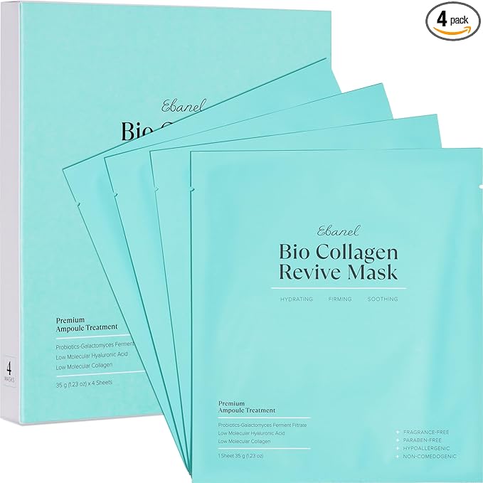 Ebanel Bio Collagen Face Mask, 4-Pack Hydrating Face Masks with 7 Peptides, Hyaluronic Acid, Niacinamide, Centella, Rose Water, Ceramide, and B5, Glass Skin Tightening and Lifting Korean Sheet Masks