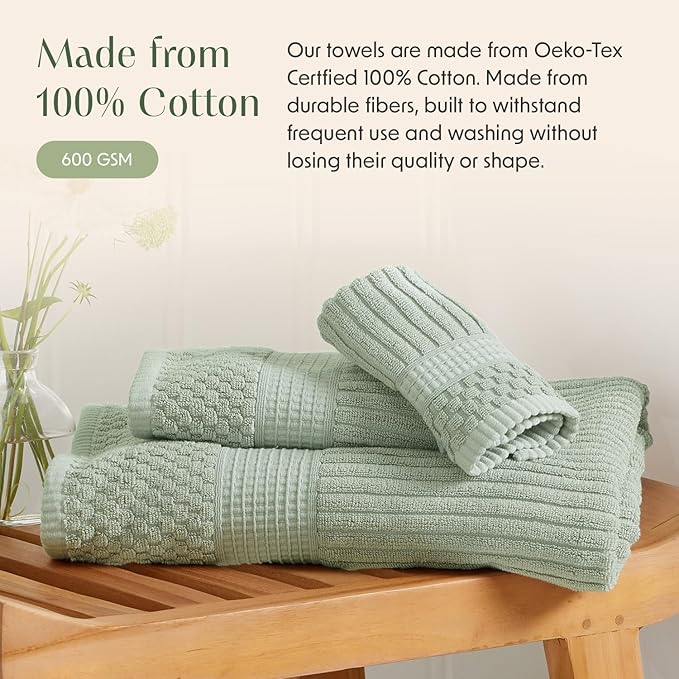 Springtree Home 100% Cotton Bath Towel Set of 4 | Super Soft & Absorbent with Quick-Dry Fibers | 4 Bath Towels | Textured and Durable Cotton | Krista Collection - Eucalyptus