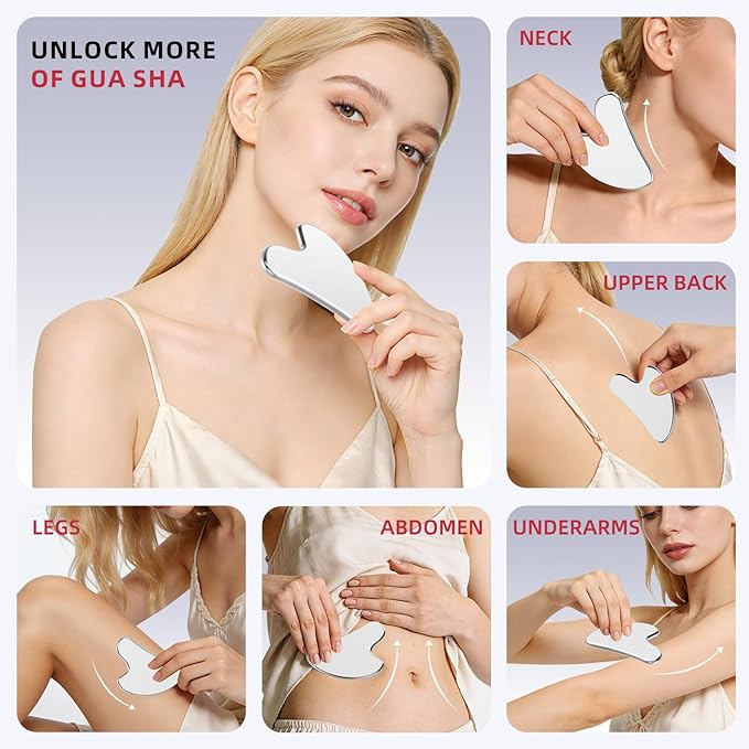 Stainless Steel Gua Sha Facial Tool – Metal Guasha for Face & Body, Jawline Sculpting, Double Chin Reducer, Puffiness Relief, Lymphatic Drainage Massager, Skincare Tool with Travel Pouch
