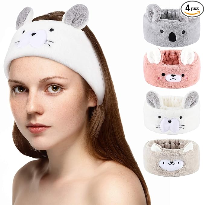 Chuangdi 4 Pieces Animal Hair Bands Face Wash Headband Spa Animal Ears for Skincare Makeup Spa Headband Washing Face Coral Fleece Plush Hairband for Women Girls(Adorable Style,Cute Colors)