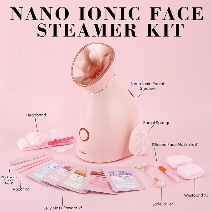 Pjordo Facial Steamer Spa Kit, 12 Skin Care Tools & 5 Jelly Mask Powder, Nano Ionic Steamer for Facial Deep Cleaning Unclog Pores Sinuses, Warm Mist Humidifier for Home SPA, Mothers Day Gifts for Her