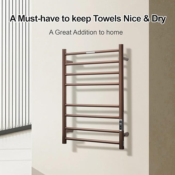 Electric Heated Towel Warmer - Wall Mounted Bathroom Towel Rack, Plug-in Design & Gold Brushed Stainless Steel Finish 8 Bar ORB with Timer & Temperature Control