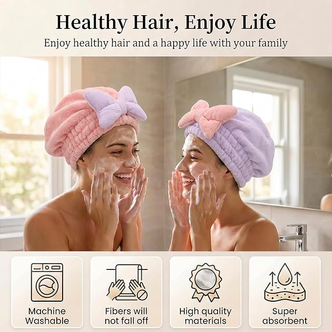 2Pcs Skin-Friendly Hair Drying Cap Quick-Drying Hair Towel Cap Microfiber Hair-Towel Bonnet (Pink+Purple)