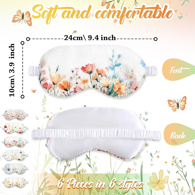 Cuffbow 6 Pack Plush Sleep Mask Set, Cute Plush Eye Masks for Sleeping, Soft Comfortable Travel Nap Blindfold, Sleepover Party Favors for Women(Flowers,Colorful)