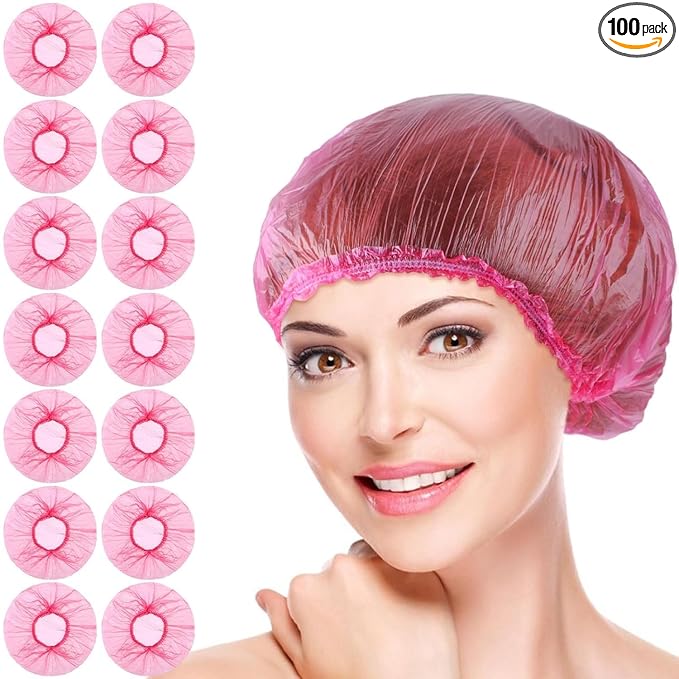 100 Pcs Pink Disposable Shower Caps,Shower Caps for Women Plastic Caps Hat Large Cap Elastic Hair Cap for Home Use Hotel Spa Hair Salon,Personal Care Bathing Accessories