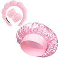 Pink Headband Hair Bonnet For Sleeping Shower Cap For Women Reusable Waterproof Skincare Head Bands Hair Accessories For Women Satin Bonnet Spa Headband Wrist Bands for Washing Face