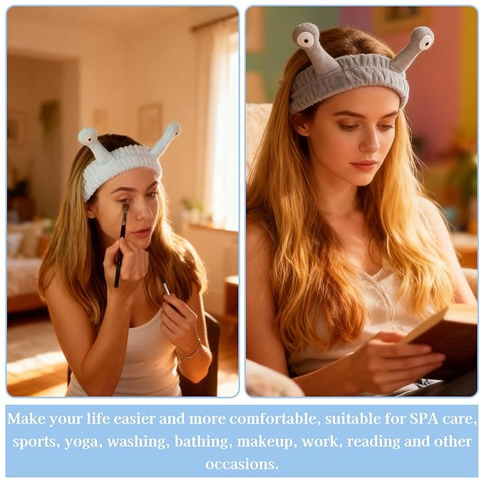 Snail Face Wash Headband Skincare & Wrist Bands for Washing Face Set Cute Spa Headband for Women and Wrist Faces Wash Bands for Shower, Facial Cleaning, Soft Coral Fleece Makeup Headbands,Blue ＆ Gray