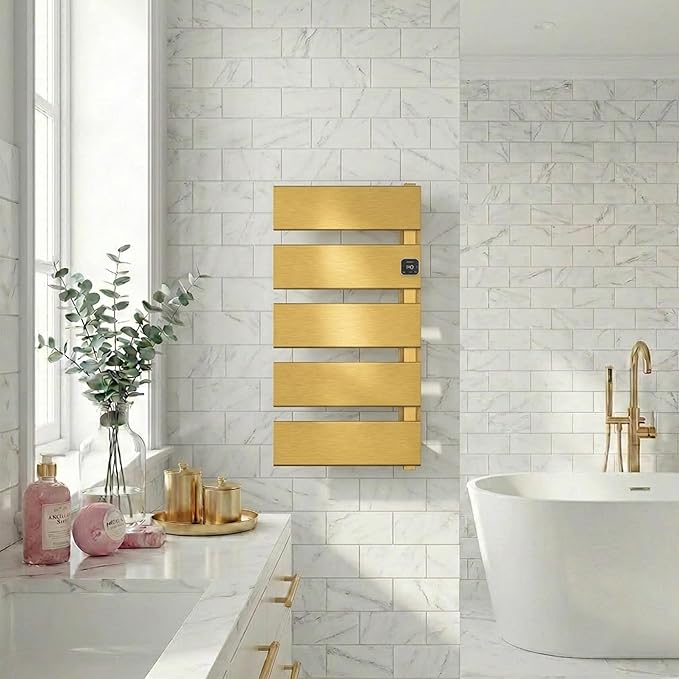 Electric Towel Warmer, Heated Towel Rack with Thermo Control and Timer, Fast Heating Towel Rail for Bathroom with Memroy Function, Work with Smart Plug, Right-Wiring, 5 Panel, Gold