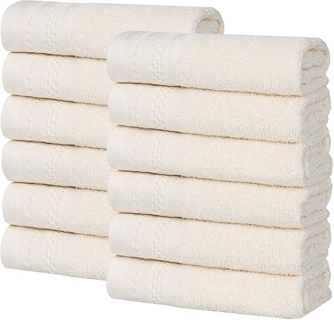 Superior Honeycomb Cotton Medium Weight Towels, for Guest Bath, Master Bathroom, Shower, Quick Dry, Adults, Home Essentials, Textured Waffle Border, Assorted Towel Set, 12 Piece Face Towel Set, Ivory