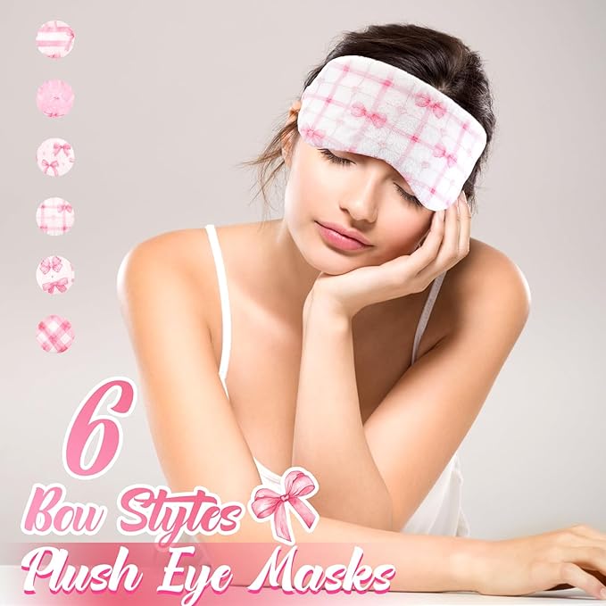 Cuffbow 6 Pack Plush Sleep Mask Set, Cute Plush Eye Masks for Sleeping, Soft Comfortable Travel Nap Blindfold, Sleepover Party Favors for Women(Plaid Bow,Pink)