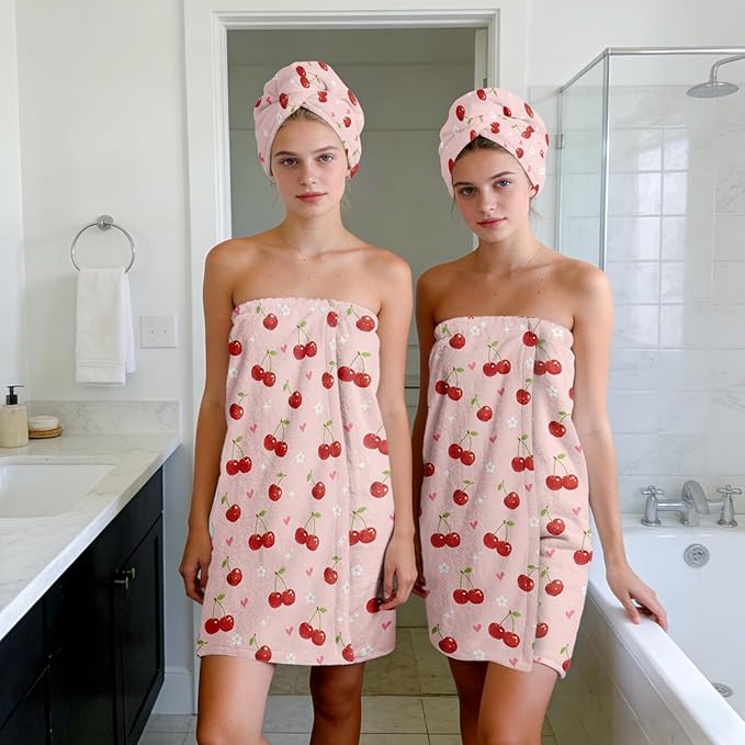 Absorbent Bath Towel Wrap Set for Women, Pink Cherry Print Towel Wrap After Shower, Microfiber Shower Robe Body Towel Wraps for Women, Quick Dry Hair Towels Wraps for Spa Hotel Beach Girl