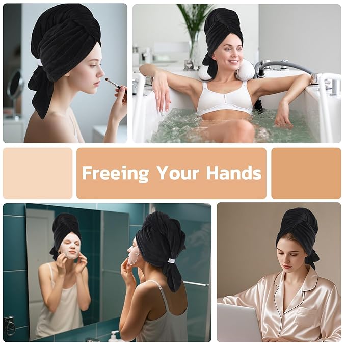SUNLAND Microfiber Hair Towels Anti Frizz Hair Drying Towel Super Absorbent Fast Drying Turbans for Wet Curly Hair Soft Hair Towel Wrap with Elastic Band for All Hair Types 40 X 28 inches 2Pack Black