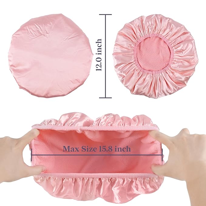 Three-Layer Terry Cloth Lined Satin Shower Cap, with Silk Hair Ties, Microfiber Waterproof Reusable Large Size Shower Cap for Women Long Thick Hair (Pink)