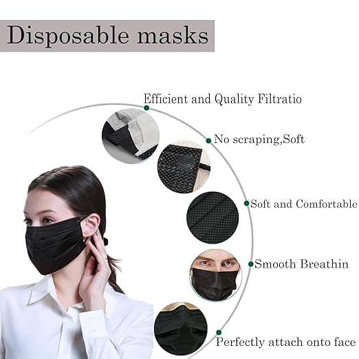 Wecolor 100 Disposable Face Masks for Adults, Outdoor, Airport, Farm, Garden, Non-Woven Fabric and Meltblown Fabric, Soft, Comfortable Face Mask, Anti-Fog, Wide Earbands - Black