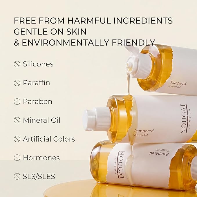 NOUGAT Pampered Shower Oil for Daily Bath Routine, Transforming Oil-to-Milk Body Cleanser for Makeup & Sunscreen Removal, Hydrating Botanical Wash for Dry Skin Relaxation at Home, Exotic Scent, 372g