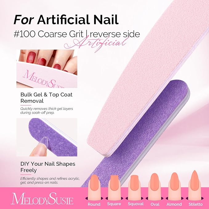 MelodySusie Nail File Kit, 7Pcs Double Sided 100/180 Grit Mixed-Shape Emery Boards for Nails, Professional Manicure Pedicure Supplies for Home and Salon Use, Mothers Day Gifts, Pink & Purple