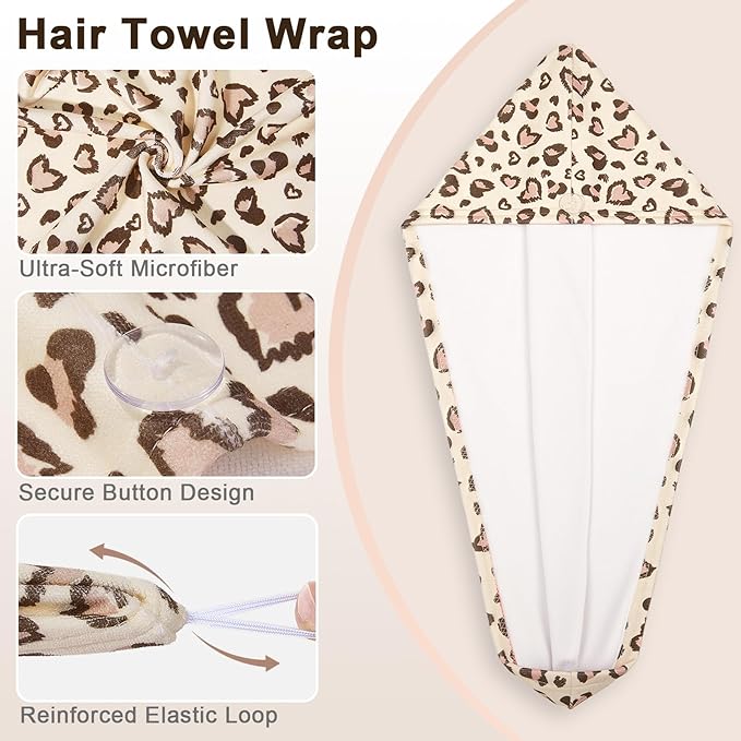 Unicorn Castle Microfiber Hair Towel for Kids 2Pack Hair Wrap Towels Absorbent Hair Drying Towel Wrap Hair Turbans for Curly Thick Hair,Brown Leopard Heart