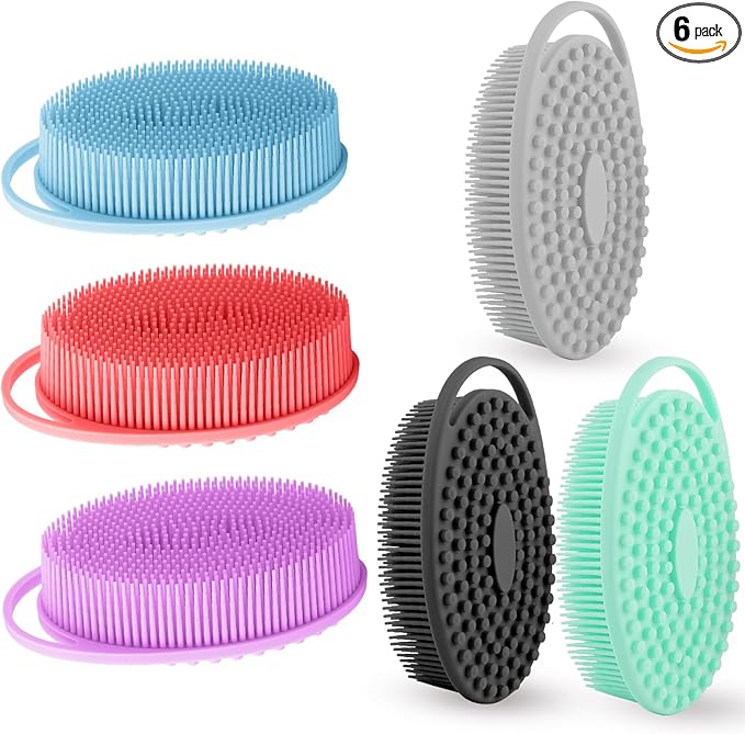 Silicone Body Scrubber 6 Pack Silicone Loofah Exfoliating Body Scrubber Soft Silicone Shower Brush with Handle Double Sided Bath Body Brush for Women Men Cleaning Massage Sensitive Skin, Lather Well