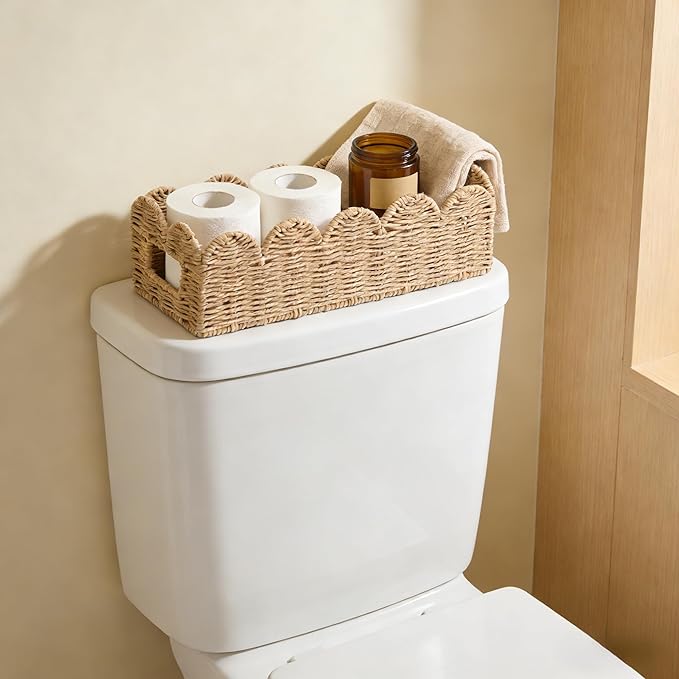 Scalloped Khaki Toilet Tank Basket for Back of Toilet, Wicker Bathroom Tray for Toilet Paper Storage, Bathroom Organizer for Tank Top, Countertop & Small Spaces