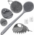 Manmihealth Silicone Back Scrubber & Soft Bath Glove, Silicone Scalp Massager Set 5 PCS, Super-Exfoliating Body Scrubber Shower Brush & Shampoo Brush Combination, with 2 Free Hooks (Style 2 Gray)