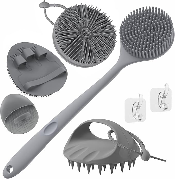 Manmihealth Silicone Back Scrubber & Soft Bath Glove, Silicone Scalp Massager Set 5 PCS, Super-Exfoliating Body Scrubber Shower Brush & Shampoo Brush Combination, with 2 Free Hooks (Style 2 Gray)