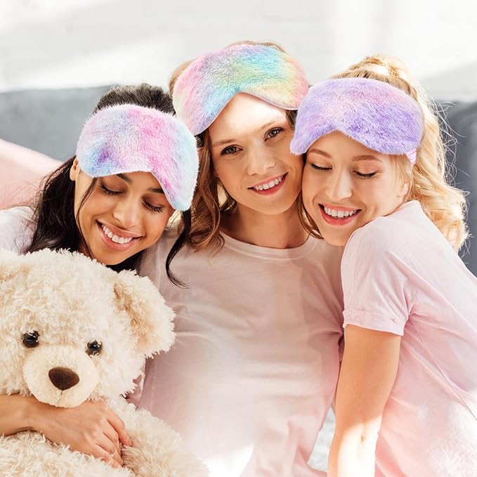 Geyoga 36 Pcs Plush Sleep Eye Mask Silk Furry Eye Covers for Sleeping Cute Sleep Mask Fluffy Comfortable Sleeping Blindfold for Travel Sleepover Nap Party Supply Girls Women, Rainbow Color