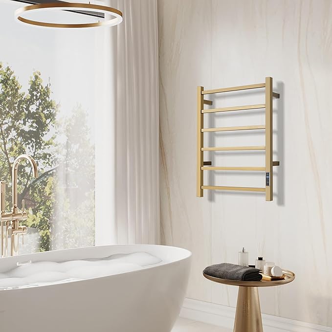Electric Heated Towel Warmer - Wall Mounted Bathroom Towel Rack, Plug-in Design & Gold Brushed Stainless Steel 6 Bar Gold with Timer & Temperature Control