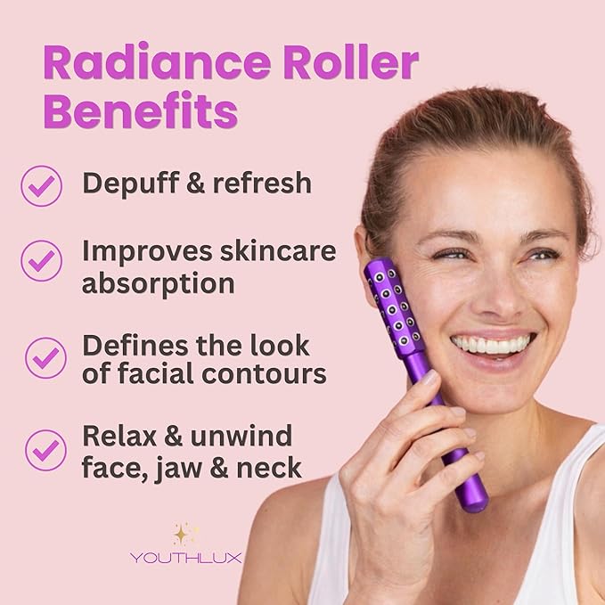 Radiance Roller – Germanium Stone Facial Massage Tool/Wand Face Roller for Lifting, Sculpting, De-Puffing, Glow Boost, Energizing & Cooling Effect (Purple)
