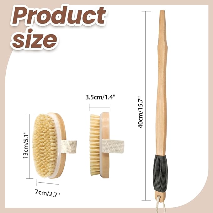 Wood Body Brush Set,19.3’’ Long Handle Bath Body Back Scrubber Soft & Stiff Bristles Detachable 2 Brush Heads Gentle Exfoliator Remove for Wet & Dry Use