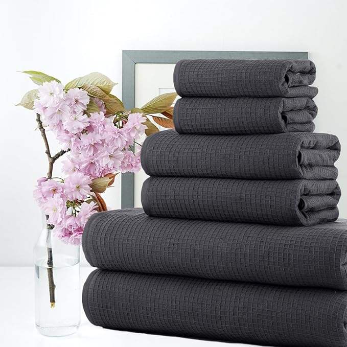 CASA COPENHAGEN Waffle 6Pcs 100% Egyptian Cotton Large Designer Towels Gift Set- Pine Grey, 2Bath 2Hand 2Washcloths, Bath Towels for Bathroom (Box Pack, Set for Women & Men)