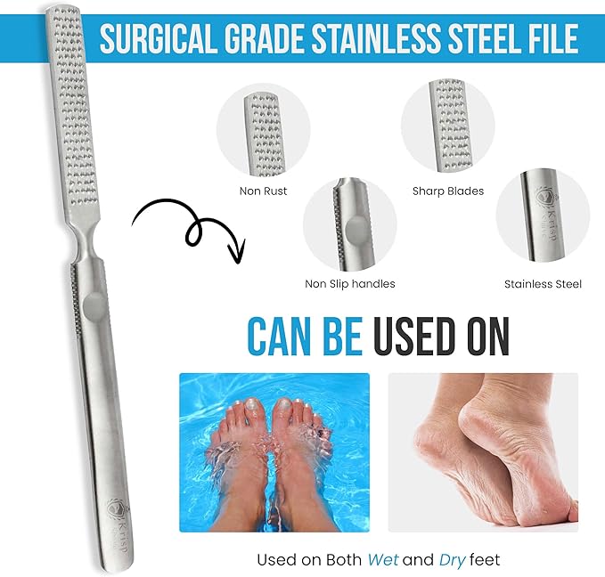 Foot Rasp Foot File Callus Remover Professional 7” Corn Removers for Toes Foot Care Pumice Pedicure Tool to Remove Hard Skin Wet Dry Callus Shaver for Feet, Colossal Stainless Steel By Krisp Beauty